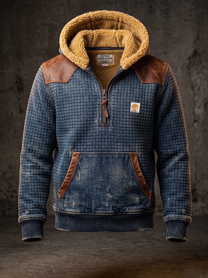 Men's Retro Textured Checkered Plush Hoodie