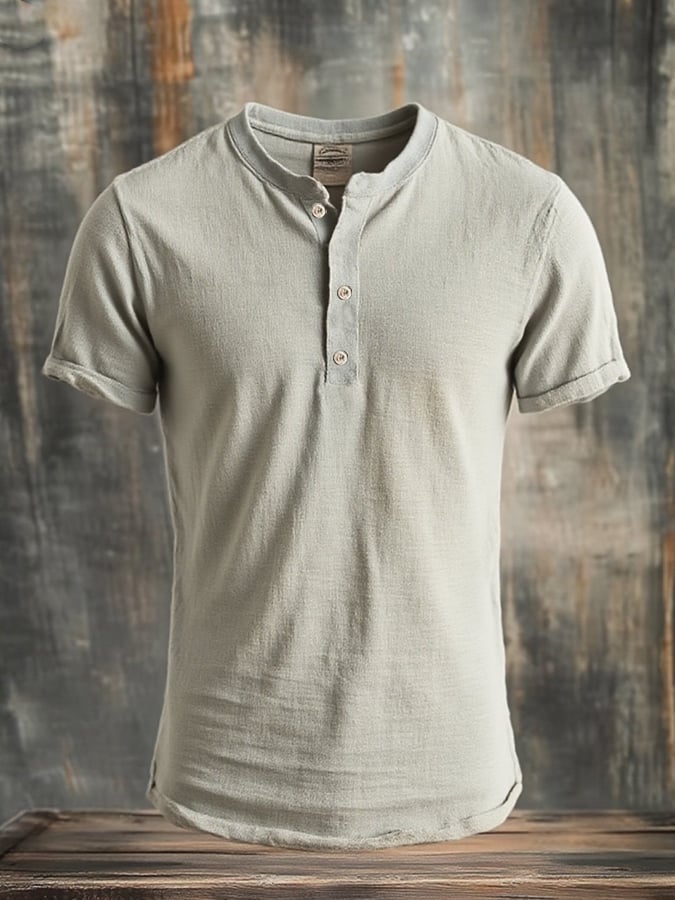 Men's vintage style casual solid color short sleeve Henley shirt