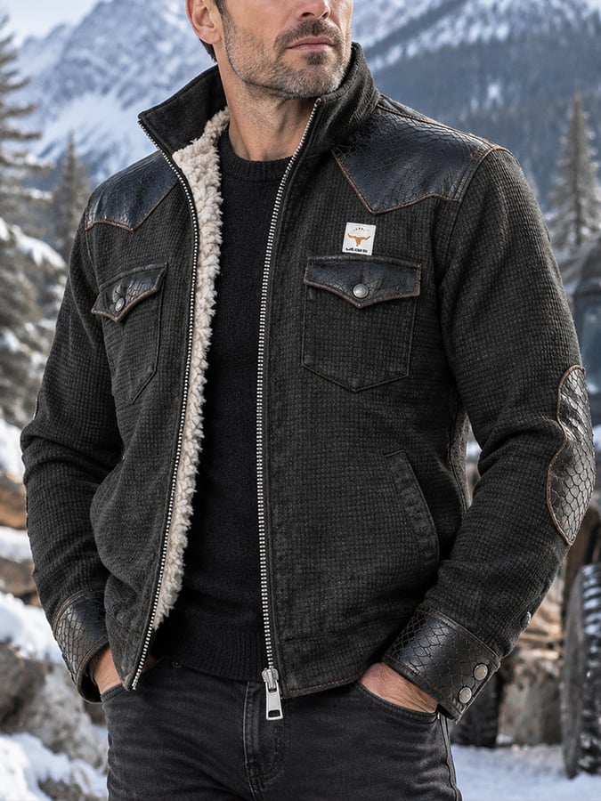 Men's Retro Waffle-Knit & Leather Panel Warm Outdoor Jacket