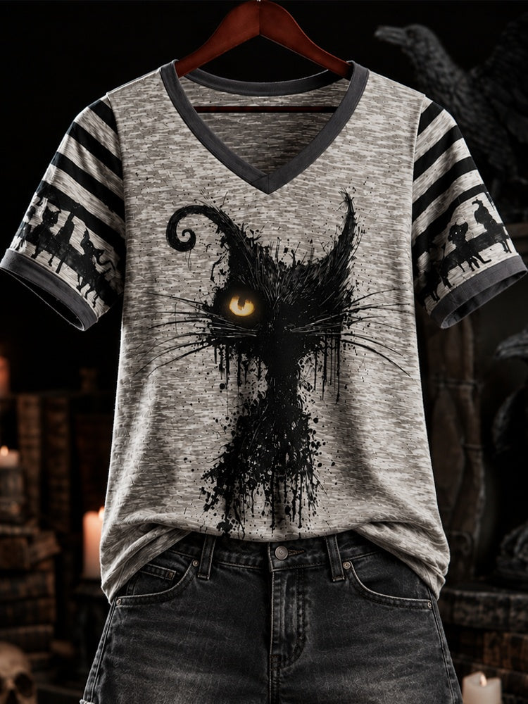 Women's Halloween Fluffy Cat Striped Short Sleeve Top