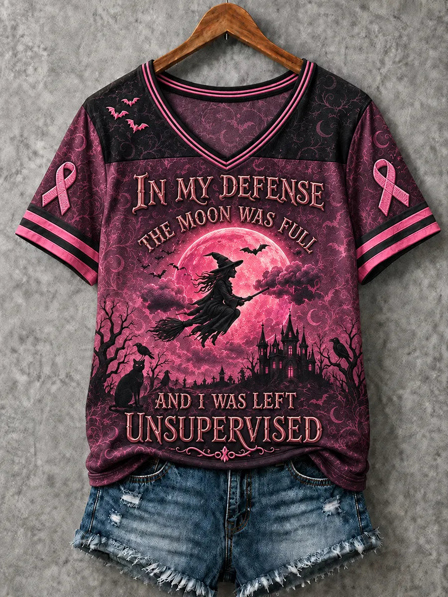 Women's Pink October Wicth Breast Cancer Awareness Month Print T-Shirt