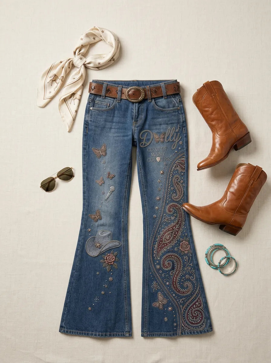 Women's Dolly Parton Coat of Many Colours Paisley Butterfly Printed Flare Jeans