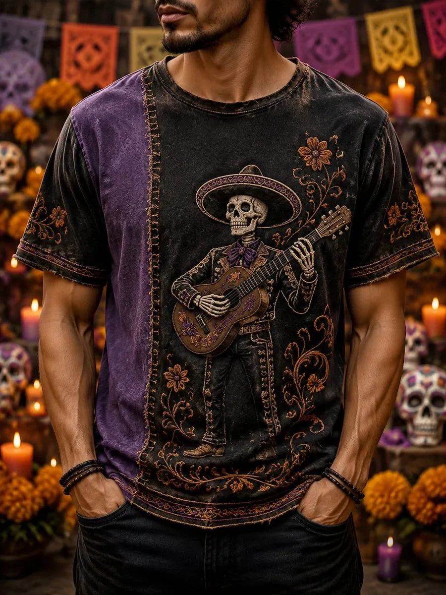 Men's Mariachi Skeleton Holding Acoustic Guitar Print Crew Neck T-shirt