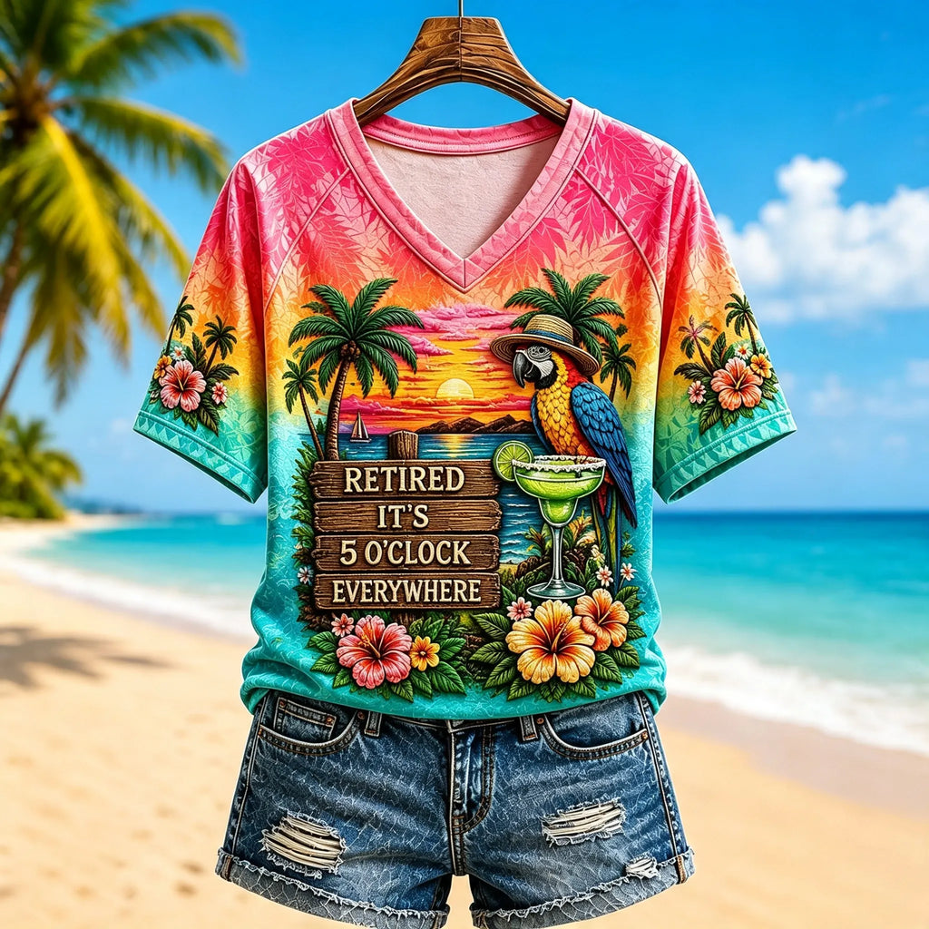 Women's I'm Retired It's 5 O'clock Everywhere Parrot V-neck Short Sleeve T-shirt