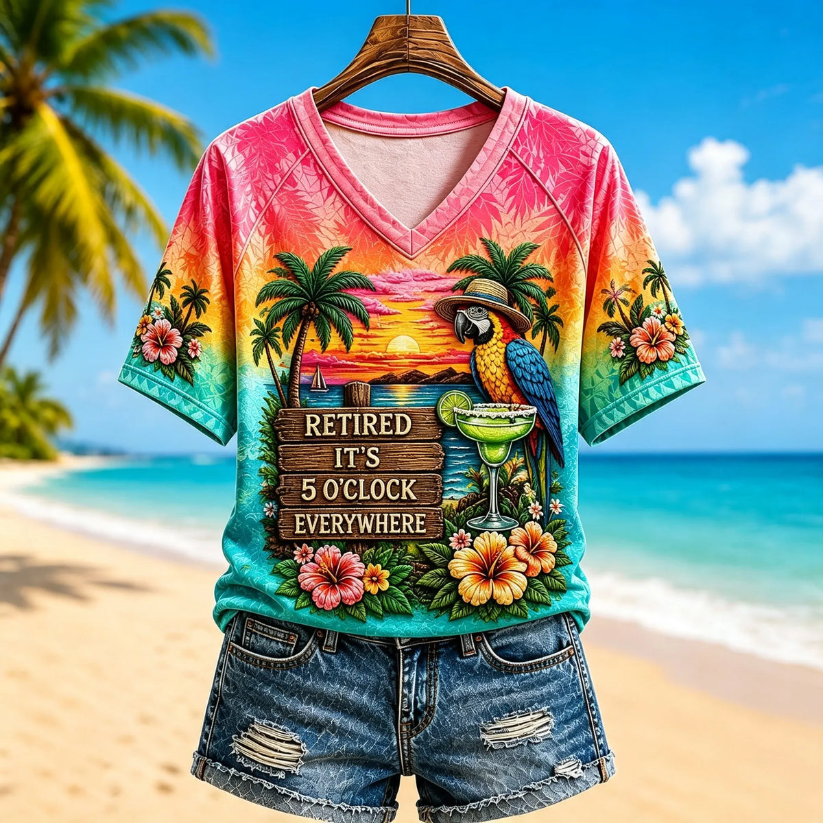 Women's I'm Retired It's 5 O'clock Everywhere Parrot V-neck Short Sleeve T-shirt