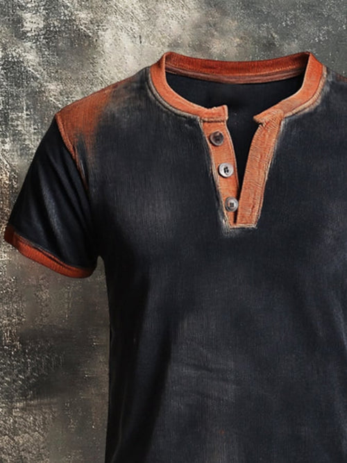 Men's classic casual retro style Henley T-shirt with color block