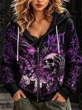 Women's Vintage Witchy Purple Dragon Skull Black Cat Gothic Zip Hoodie