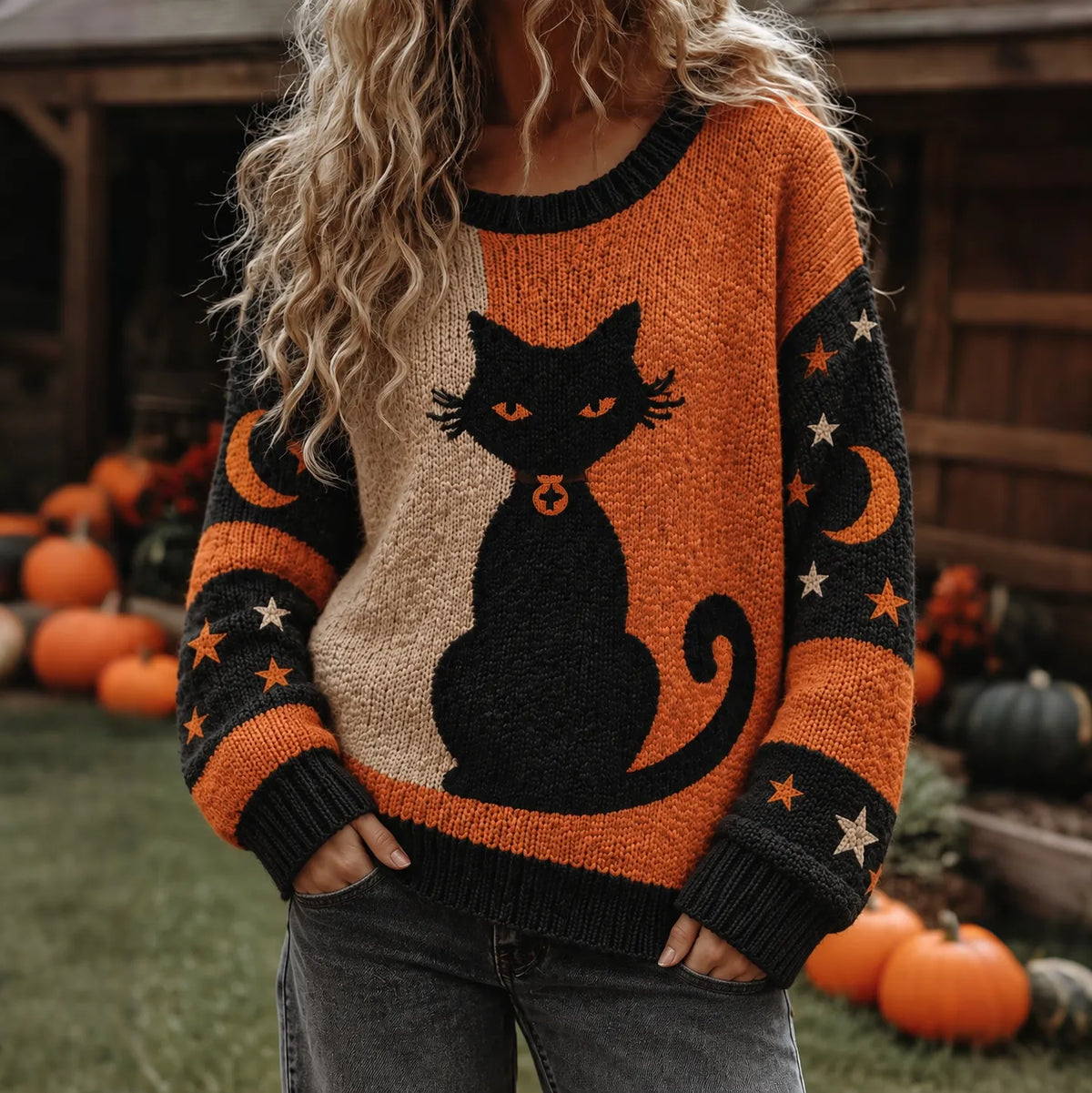 Women's Halloween Pumpkin Cat Print Knitted Comfort Round Neck Sweater