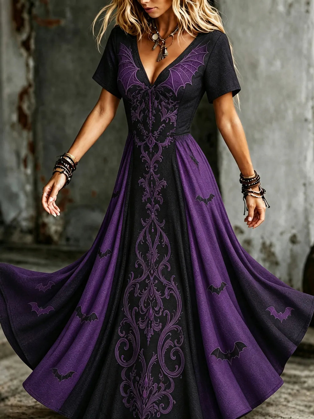 Women's Vintage Halloween Bat Pattern V-neck Short Sleeve Maxi Dress