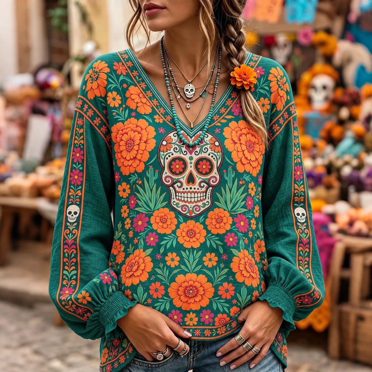 Vintage Mexico's Day Of The Dead Sugar Skull Floral Art Print Long Sleeve T-shirt