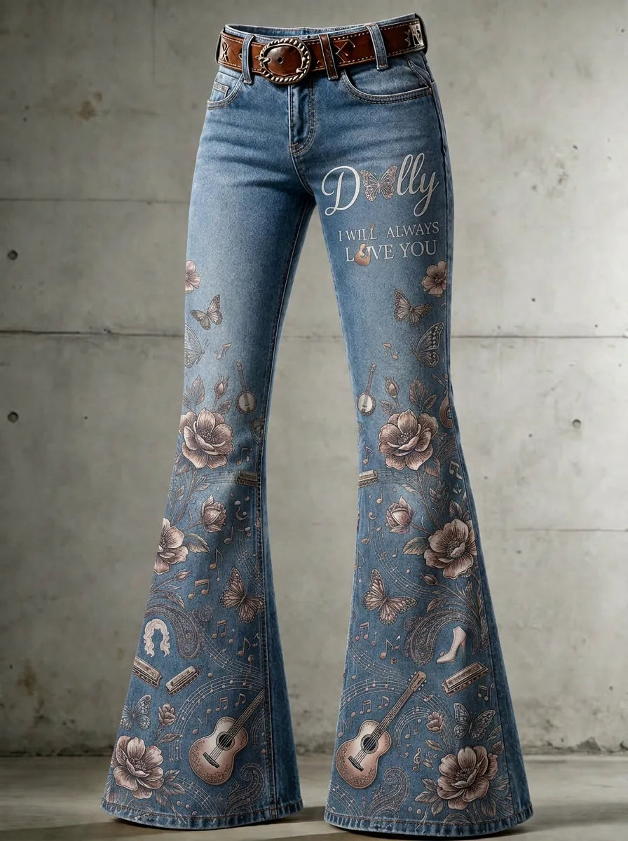 Women's Dolly Parton Butterfly Floral Guitar Printed Flare Jeans