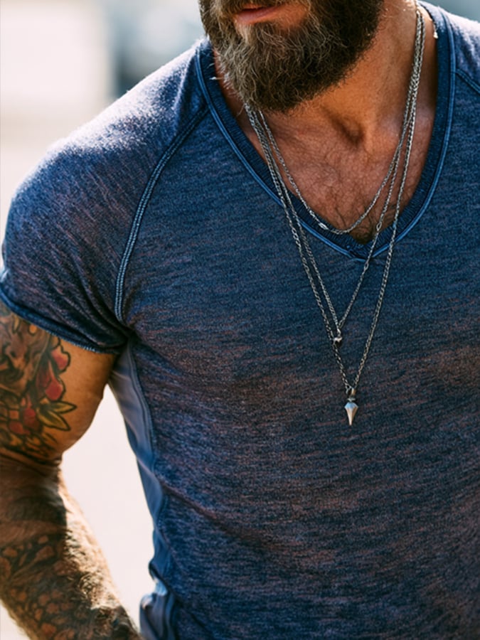 Men'S Fashion Short-Sleeve V-Neck T-Shirt With Contrast-Color Cotton Paneling