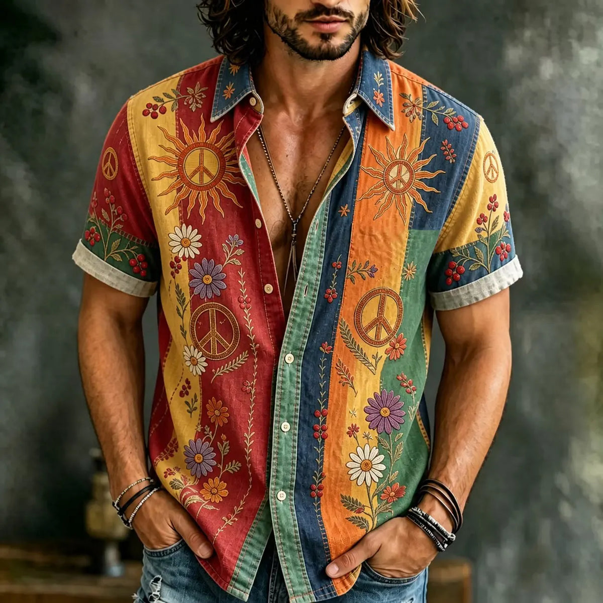Men's Peace Sign Daisy Mixed Wild Floral Vine Print Short Sleeve Buttons Shirt