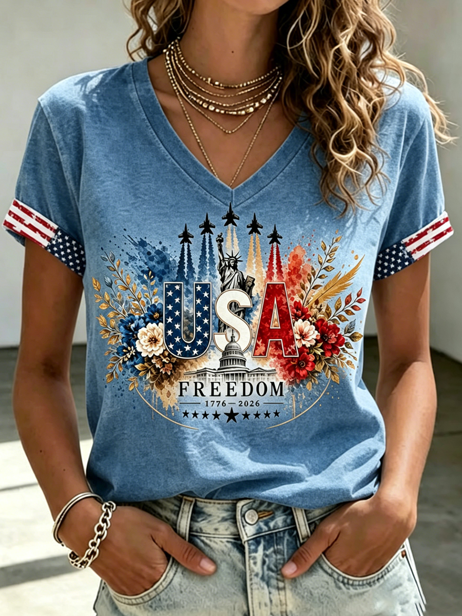 Women's Independence Day Faith Cross Flag Print Crew Neck Short Sleeve T-shirt
