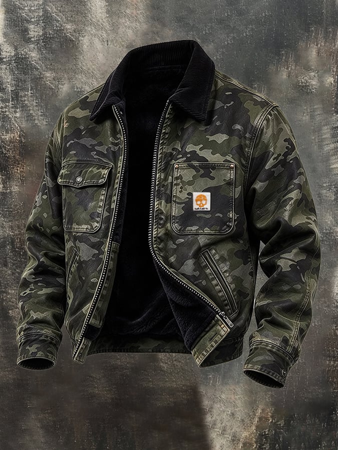 Men'S Retro Fleece-Lined Warm Color-Block Corduroy Jacket With Camouflage Paneling