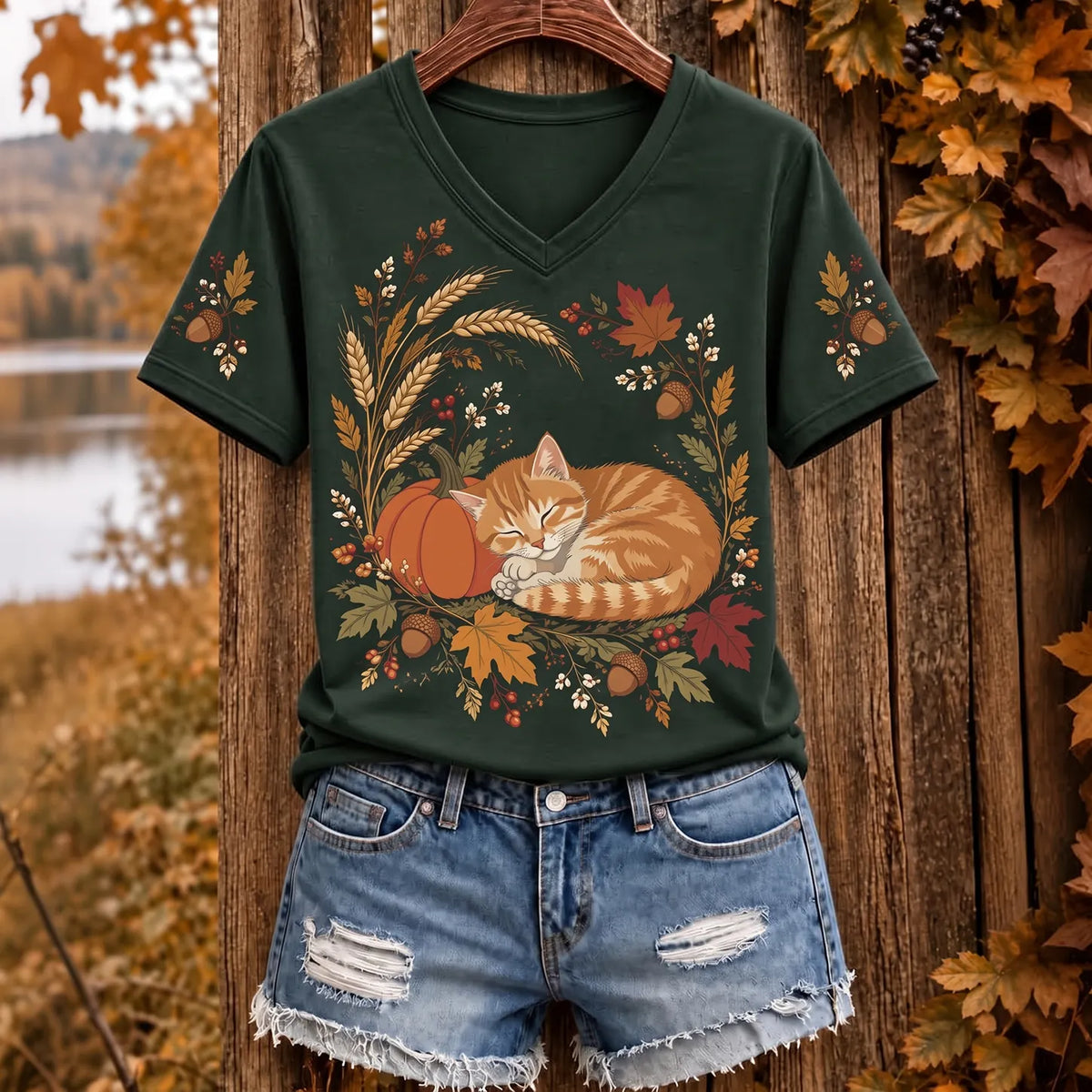 Women's Autumn Cute Cat Art Short Sleeve V Neck T-shirt