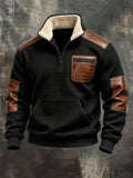 Men's Retro Waffle-Knit Sweatshirt with Crocodile-Effect Panels and Fur Collar