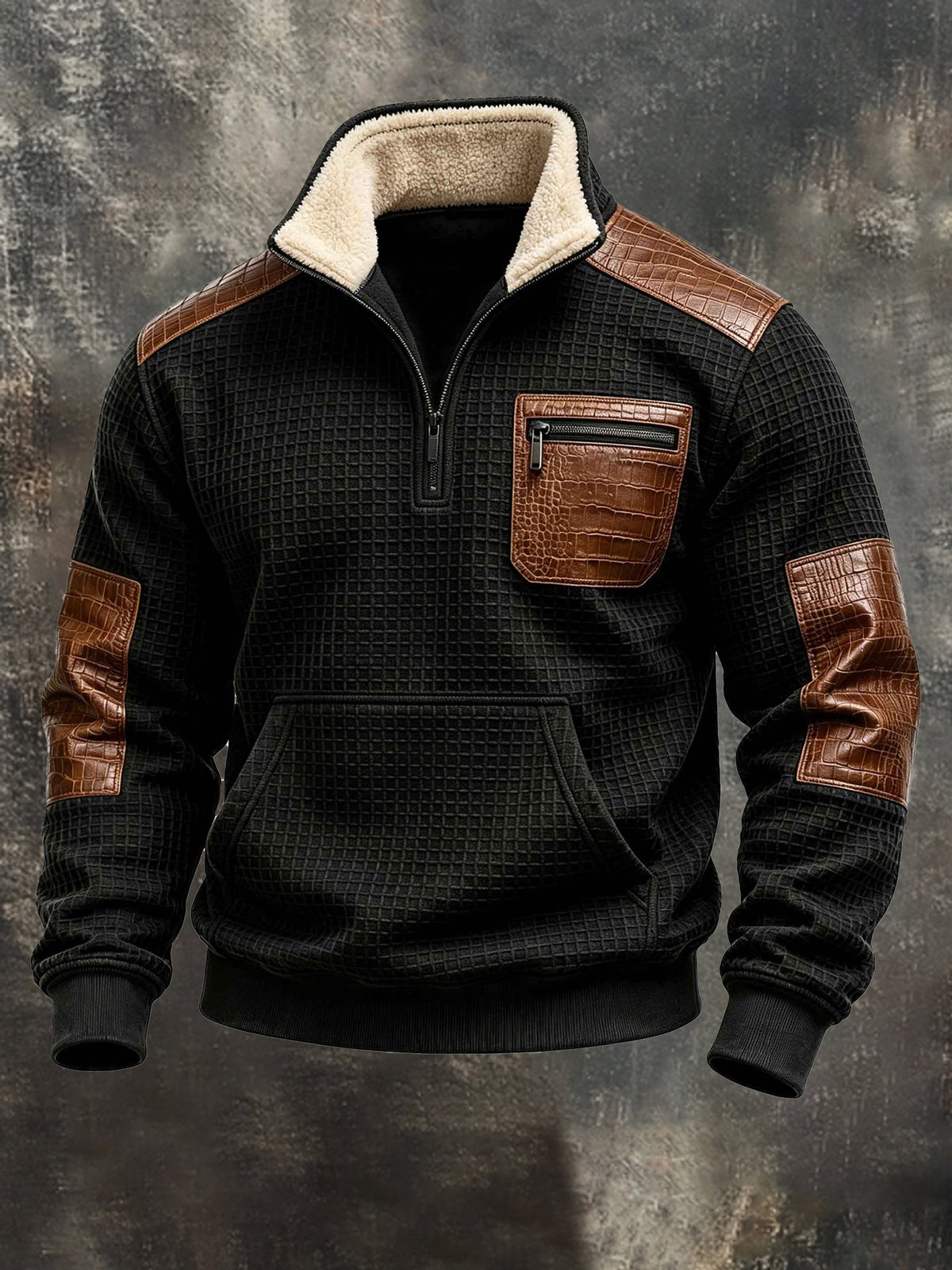 Men's Retro Waffle-Knit Sweatshirt with Crocodile-Effect Panels and Fur Collar