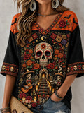 Women's Day Of The Dead Print 3/4 Sleeve V-Neck T-Shirt