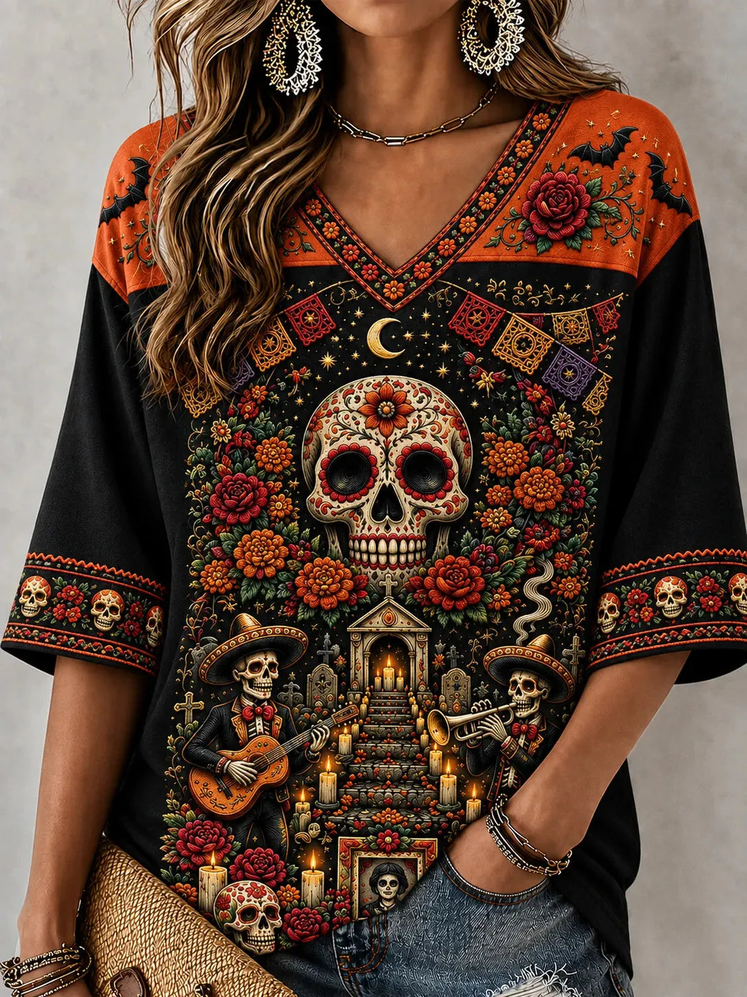 Women's Day Of The Dead Print 3/4 Sleeve V-Neck T-Shirt