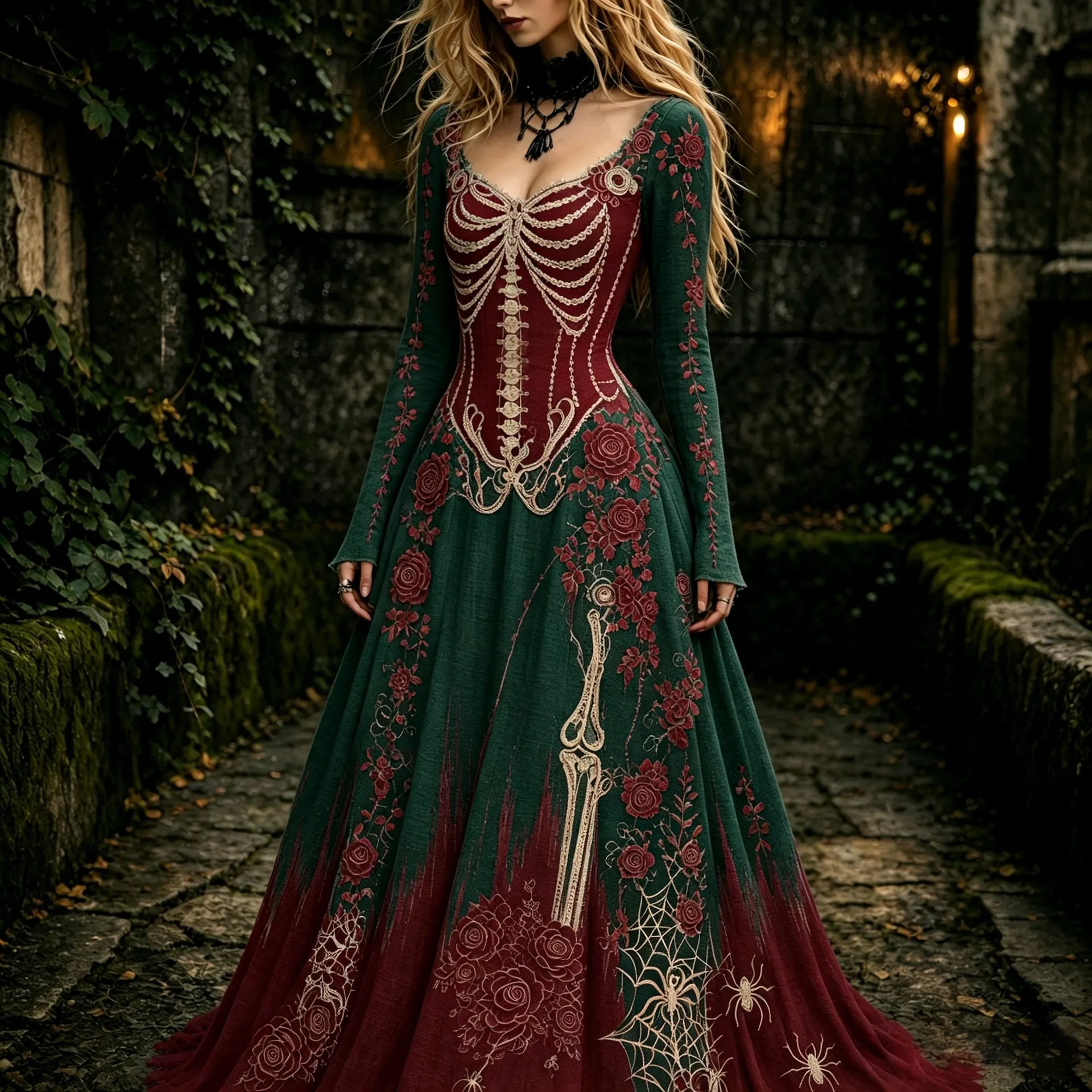 Women's Retro Gothic Skeleton And Rose Pattern Maxi Halloween Dress