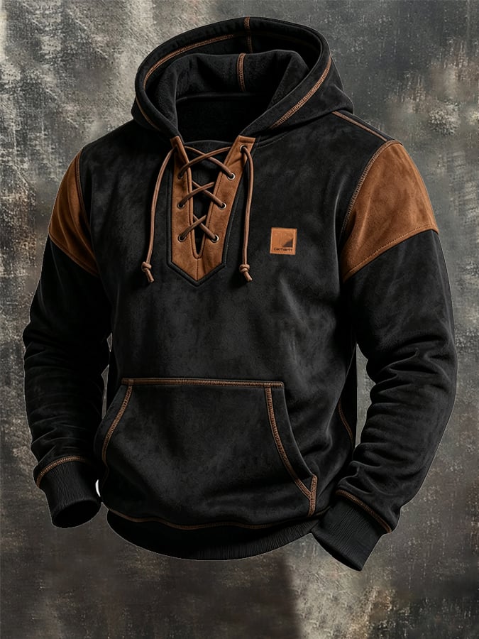 Men Lace-Up Suede Patchwork Hoodie