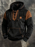 Men Lace-Up Suede Patchwork Hoodie