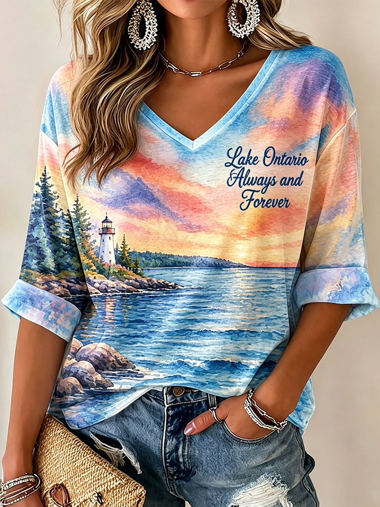 Women's Lake Ontario Always And Forever  Printed Mid-length Sleeves V-neck T-shirt