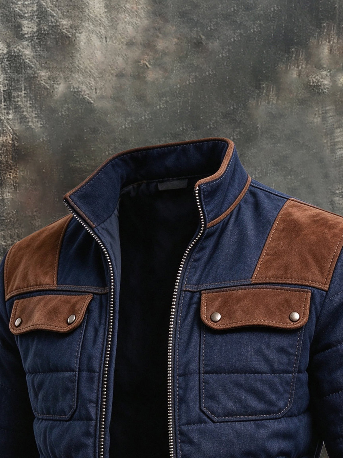 Men's Retro Faux Suede Panel Quilted Stand-Collar Jacket