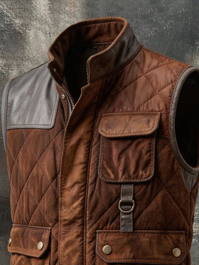 Men's Vintage Multi-Pocket Paneled Leather Vest Jacket