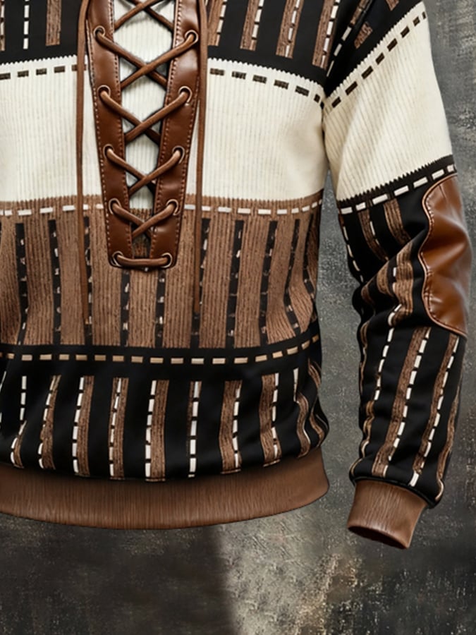 Men'S Fashion Color-Block Long-Sleeve Sweatshirt With Leather Paneling, Lace-Up Detail, And Collar