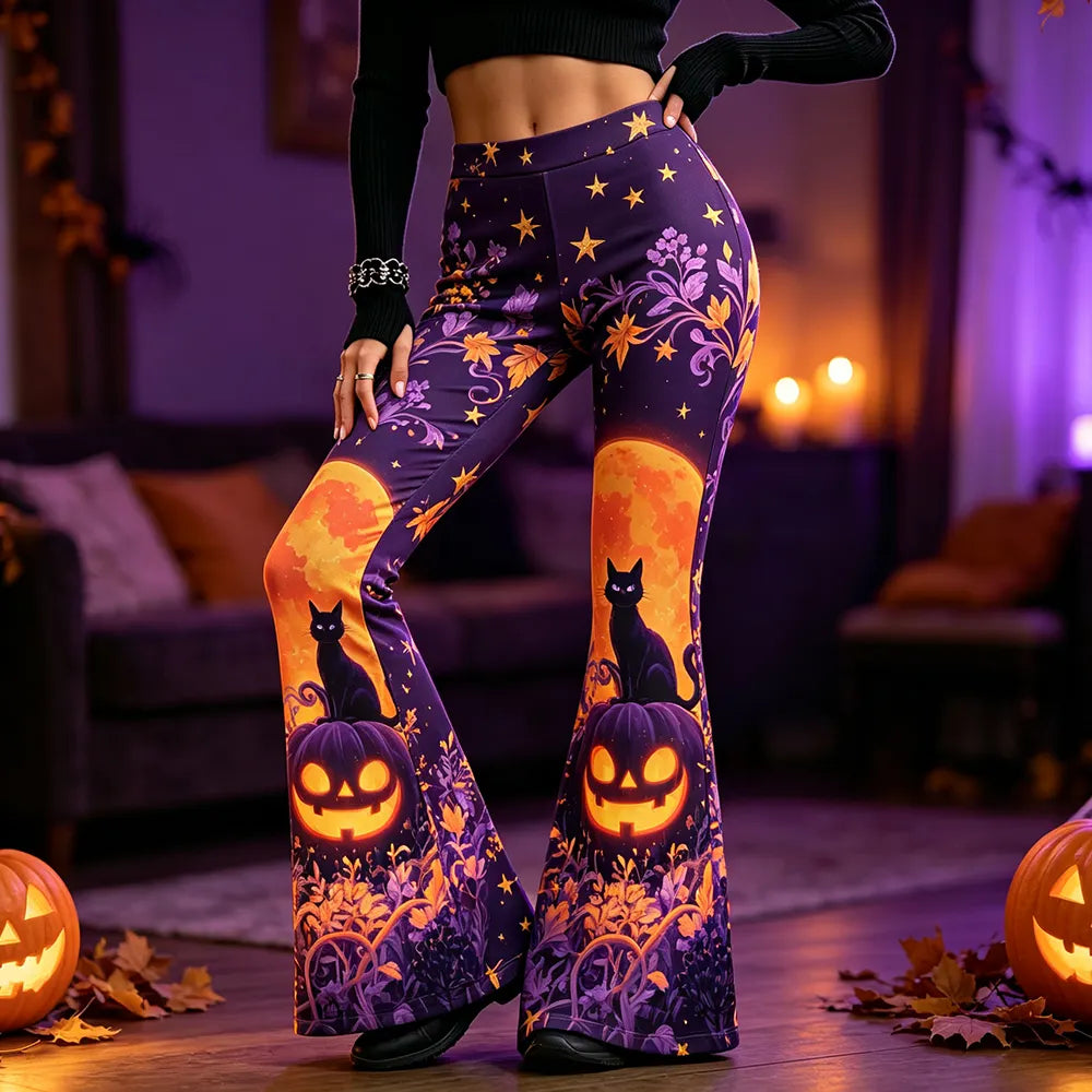 Women's Flare Pants With Cat On Jack-o'-lantern Pumpkin And Full Moon Print