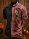 Men's Day Of The Dead Catrina Adorned By Floral Headdress Print Stand Collar Short Sleeve Shirt