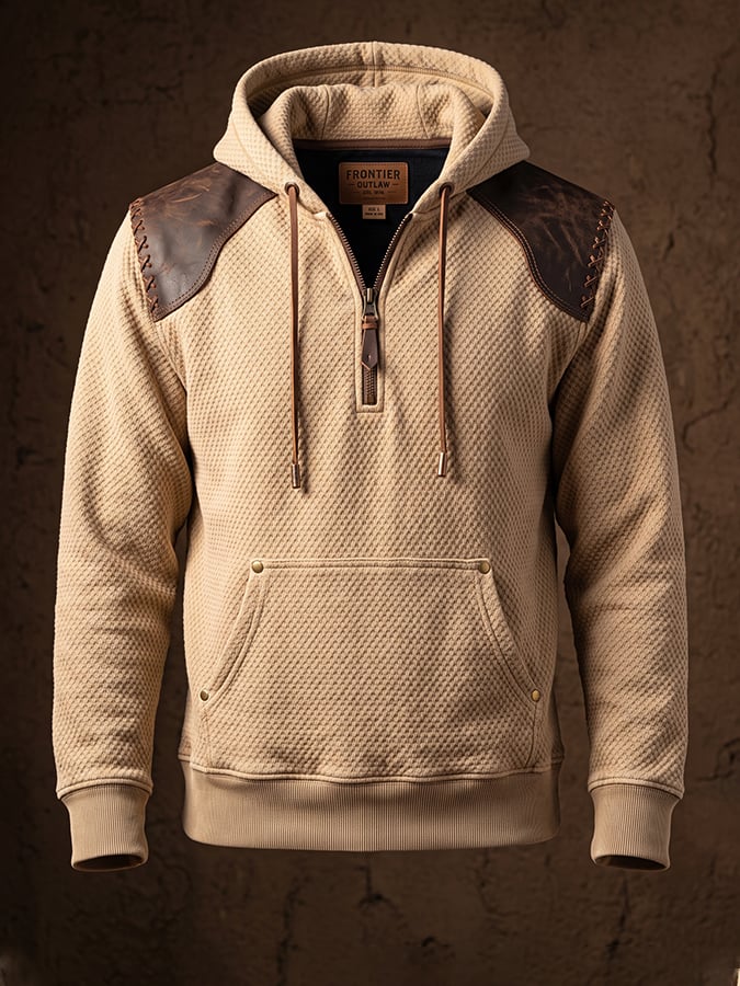 Men's Retro Textured Waffle-Knit & Leather Panel Zip-Up Hoodie