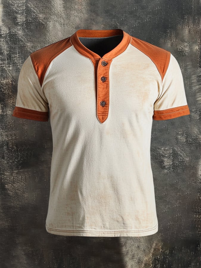 Men's Retro Colorblock Henley Collar Short Sleeve T-Shirt
