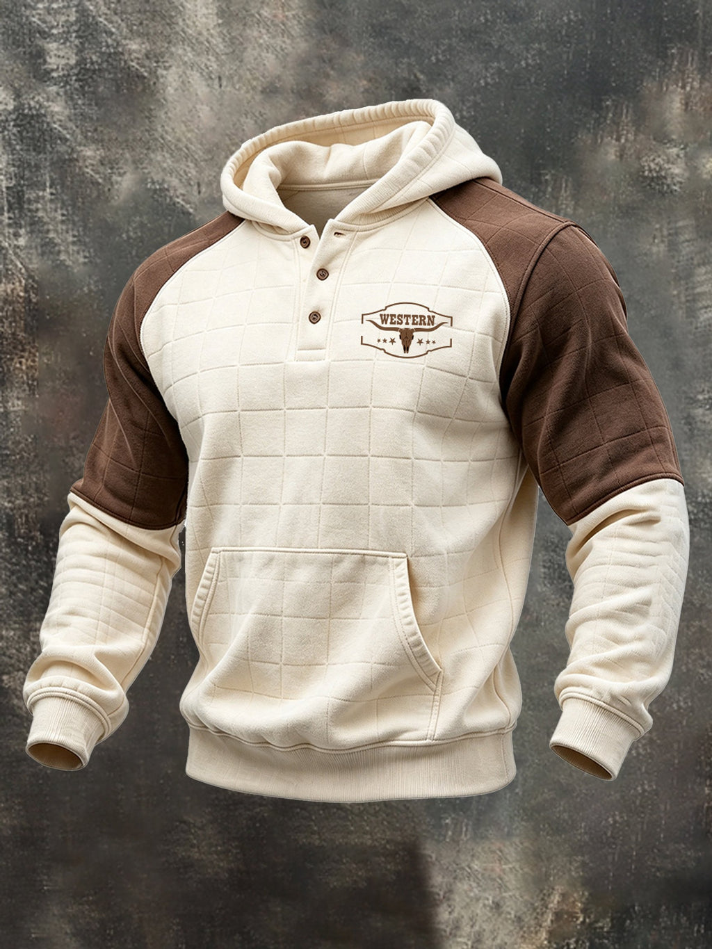 Men's Retro Color-Block Raglan-Sleeve Henley Hoodie