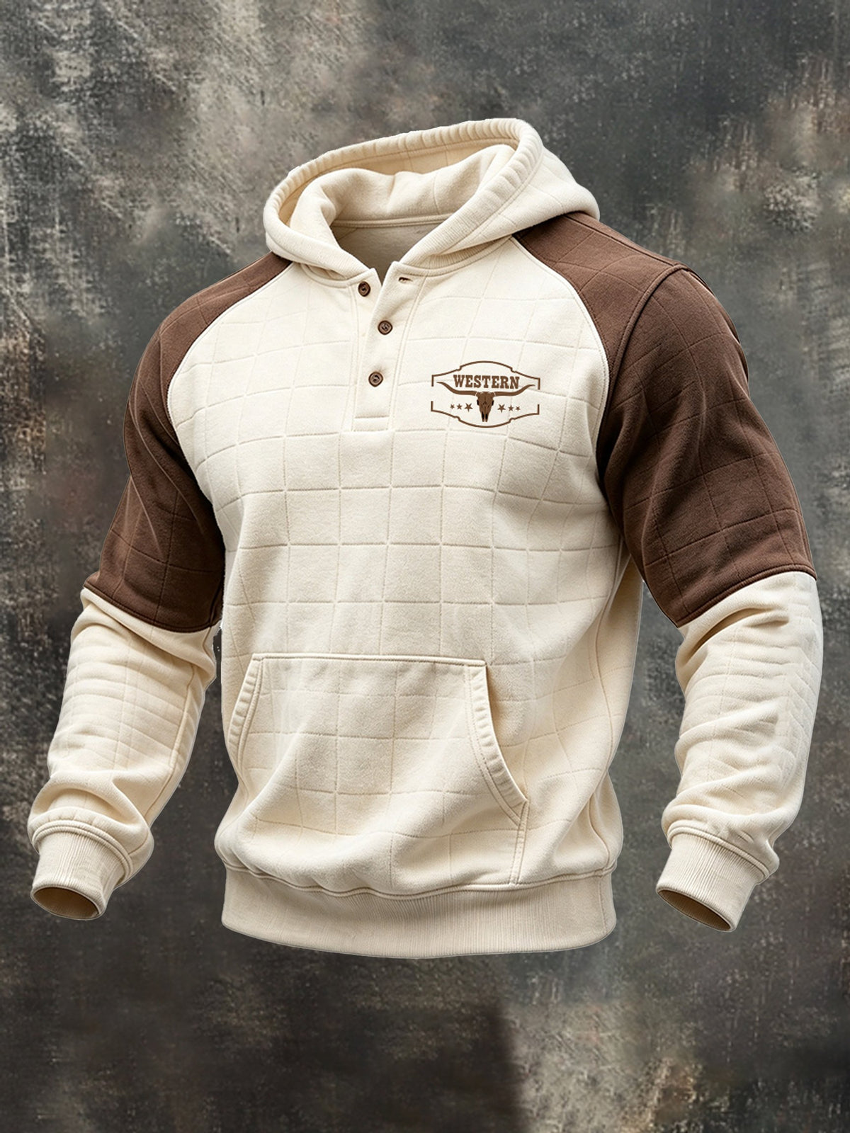 Men's Retro Color-Block Raglan-Sleeve Henley Hoodie