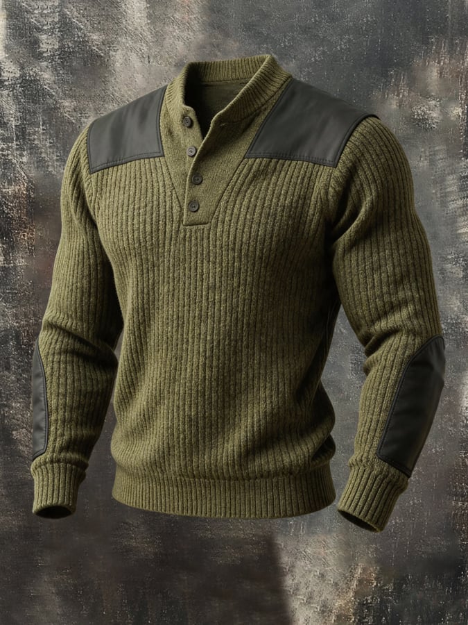 Men's Retro Color-Block Henley Sweater
