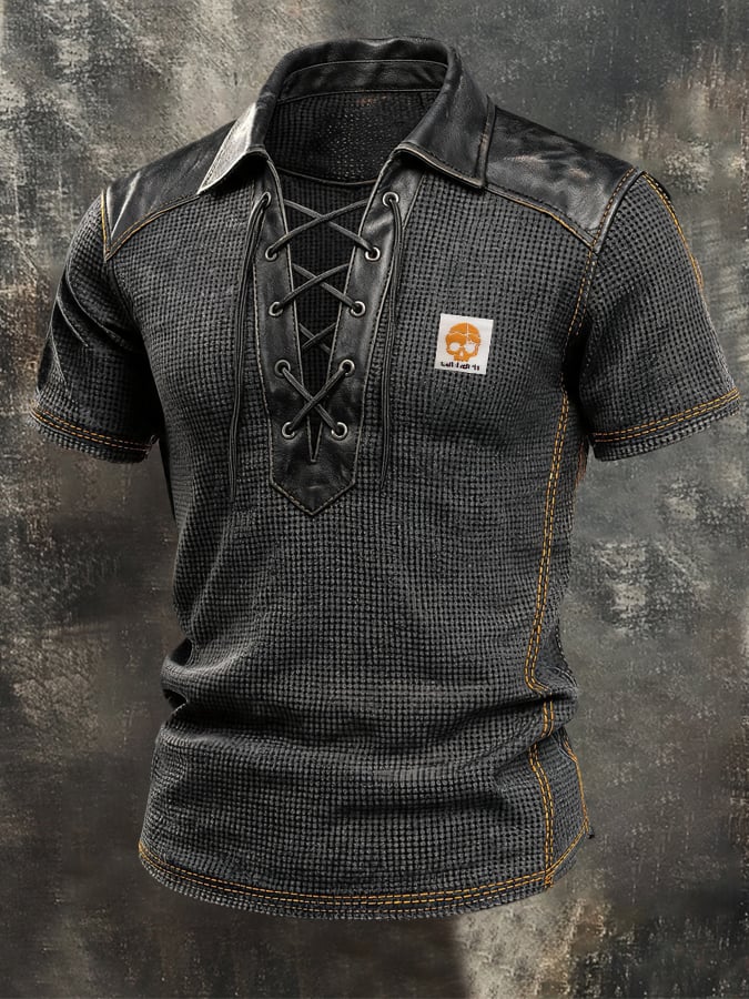 Men's Retro Waffle-Knit and Leather-Panel Lace-Up Collar T-Shirt