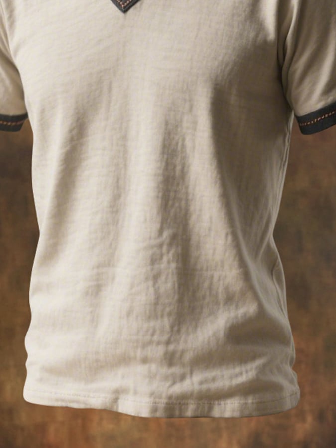 Men'S Retro Colorblock V-Neck Short Sleeve T-Shirt