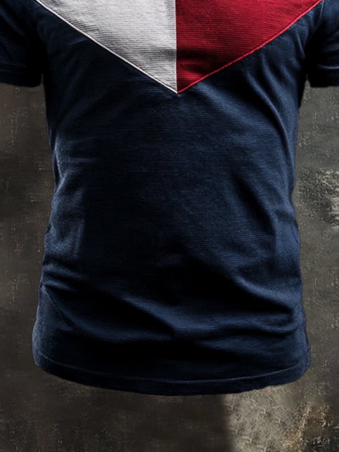 Men's retro-style washed V-neck short-sleeved T-shirt in contrasting color