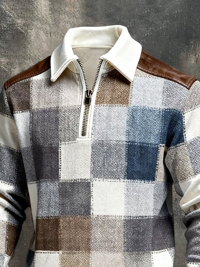 Men's Retro Color Block Print Color-Blocked Zip-Up Sweatshirt