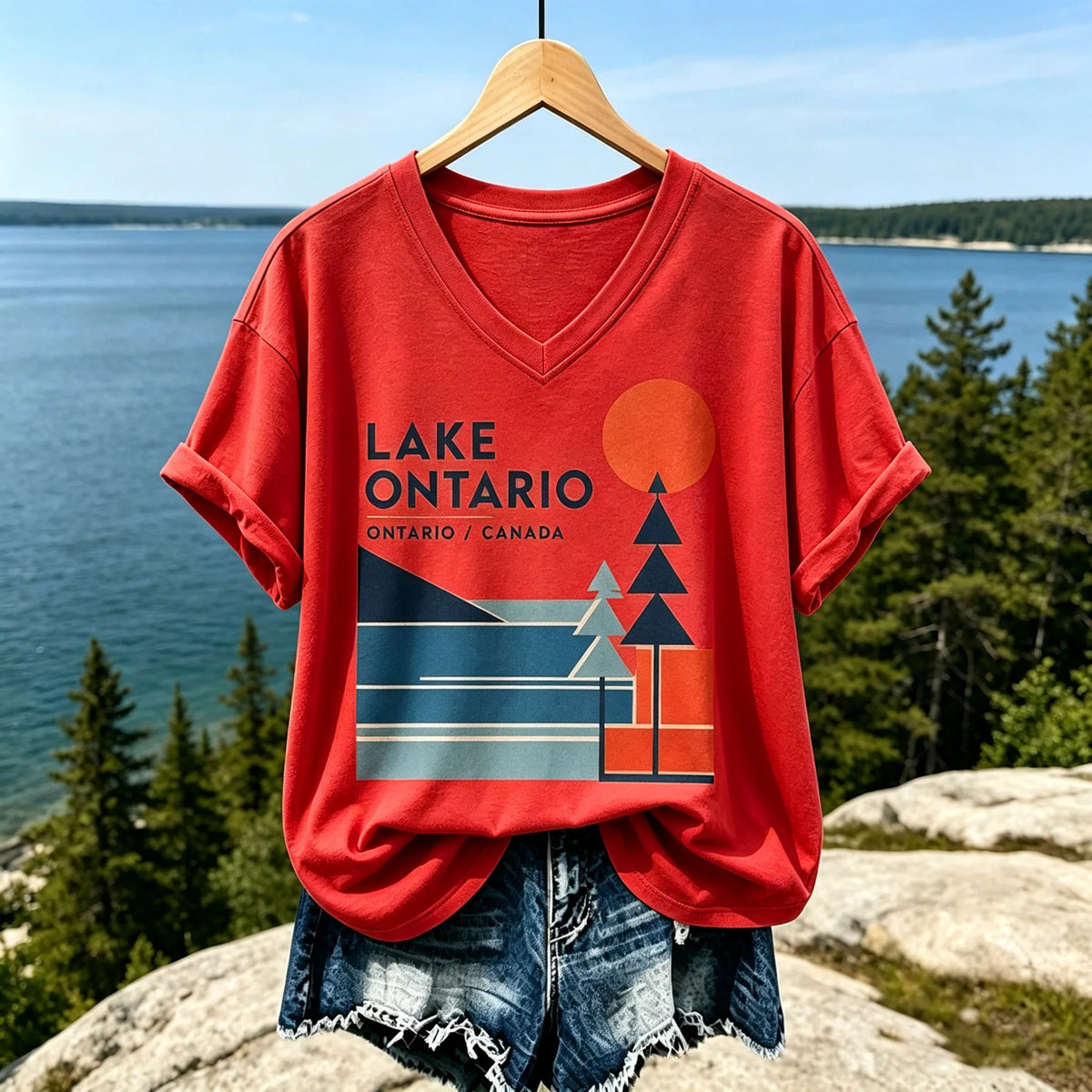 Women's Casual V-neck T-shirt In Beige With Lake Ontario Geometric Landscape And Orange Sun Print