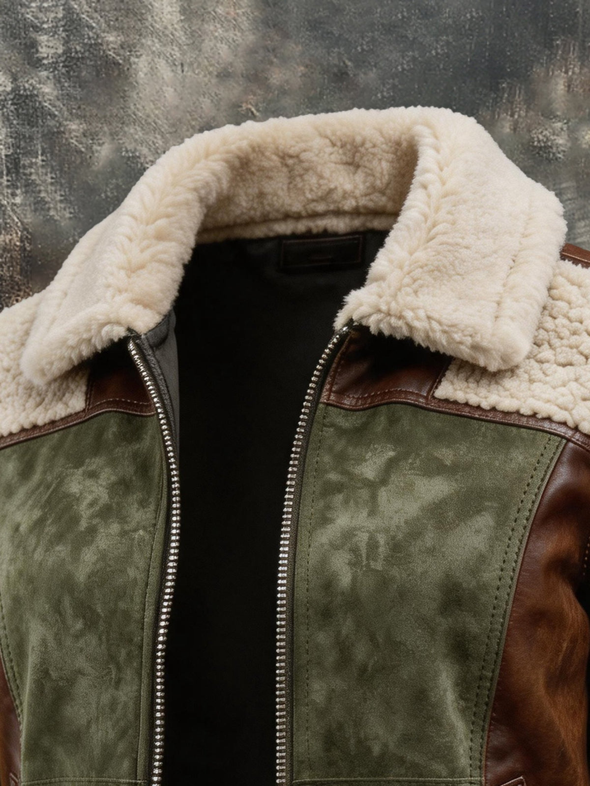 Men’s Vintage-Style Leather-Paneled Jacket with a Shearling Collar