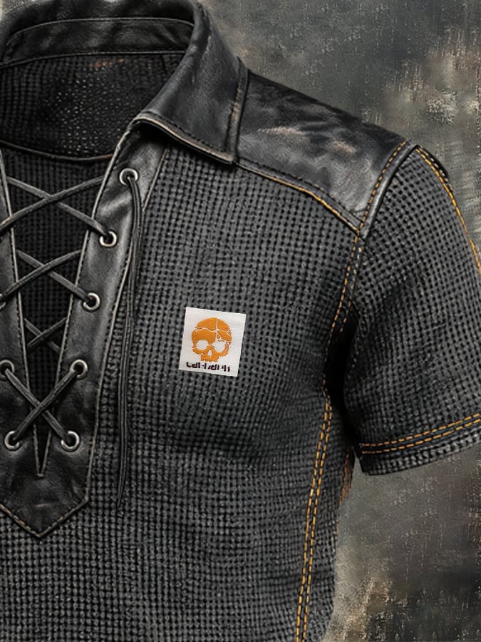 Men's Retro Waffle-Knit and Leather-Panel Lace-Up Collar T-Shirt