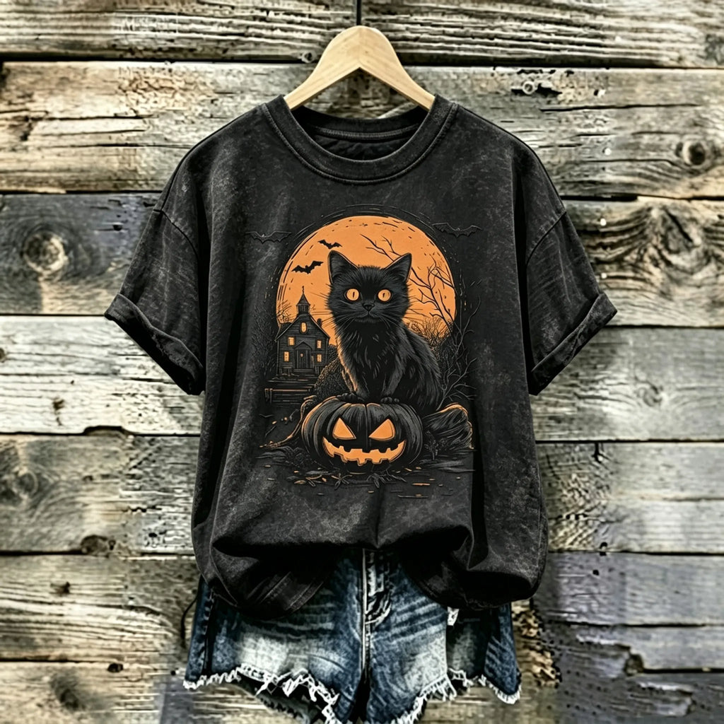 Women's Retro Halloween Theme Cat Print T-shirt