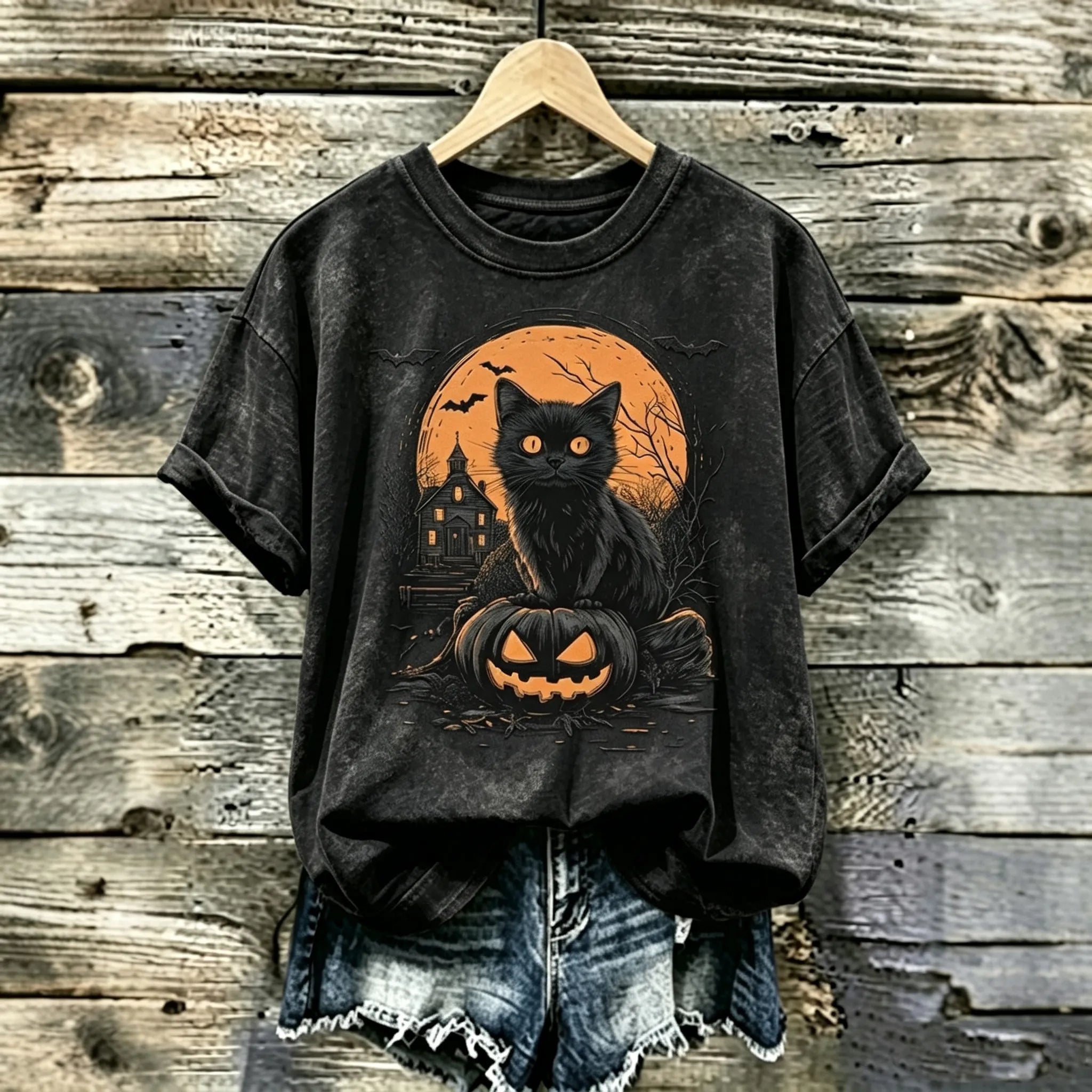 Women's Retro Halloween Theme Cat Print T-shirt