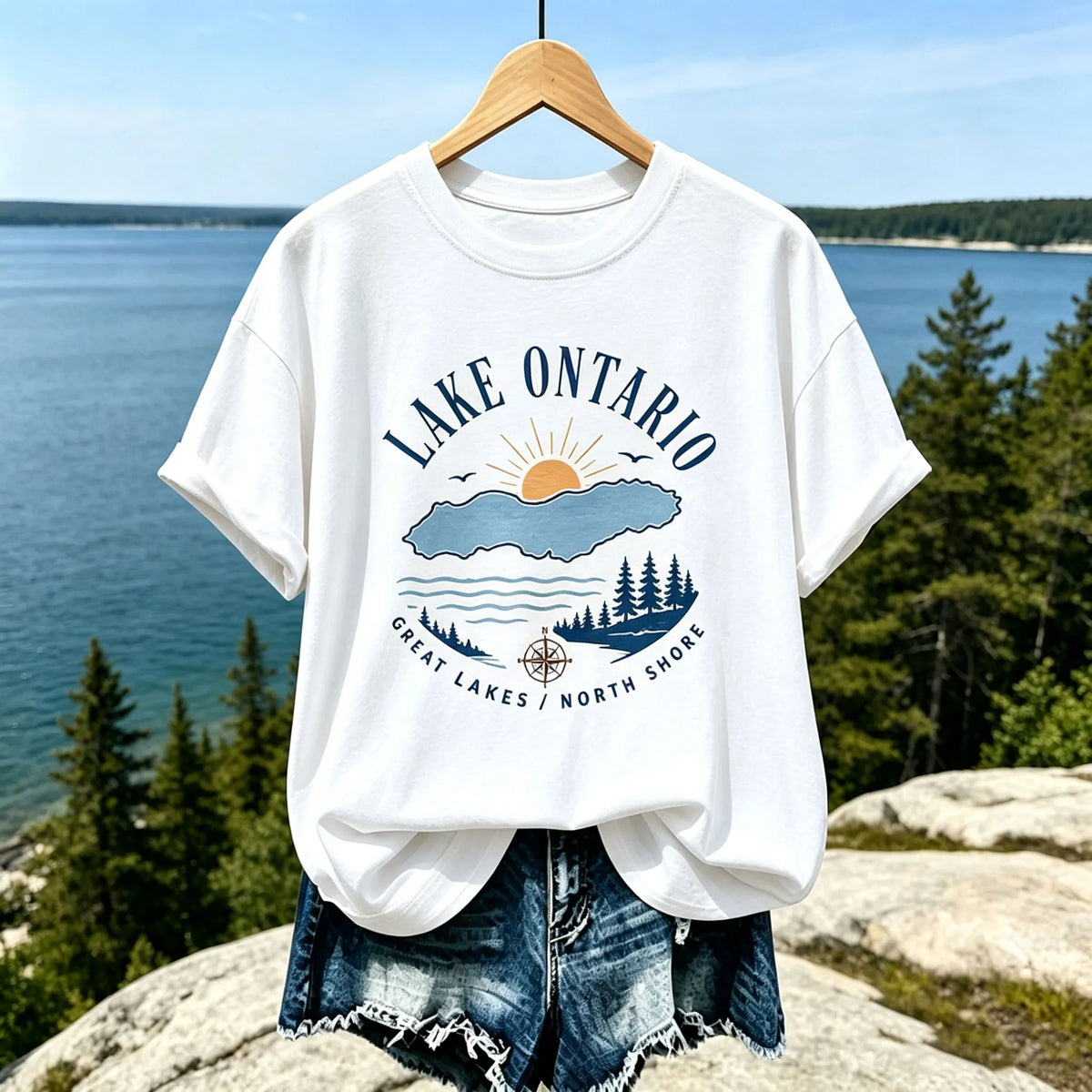 Women's Casual Crewneck T-shirt In Cream With Lake Ontario Map, Sun, And Forest Print