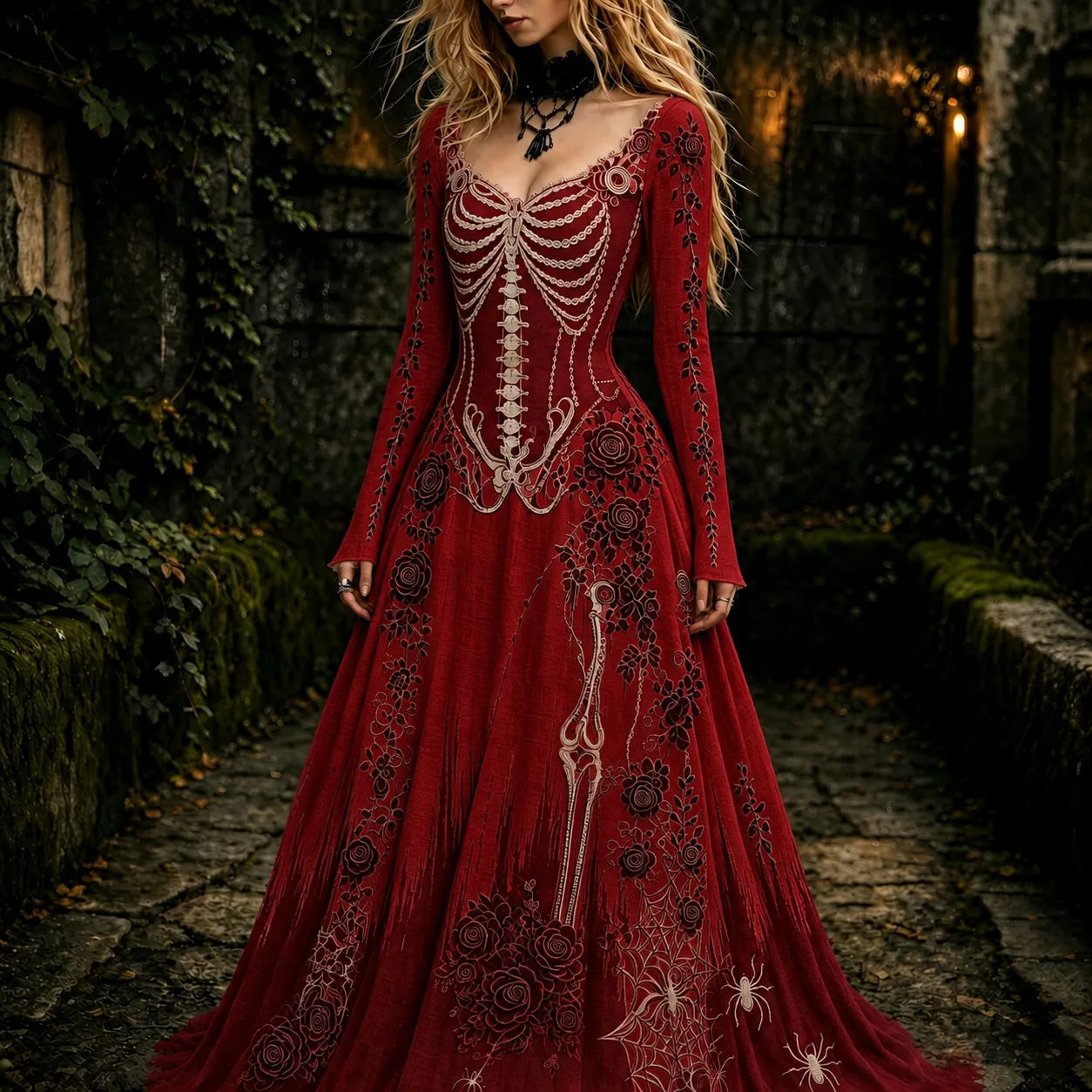 Women's Retro Gothic Skeleton And Rose Pattern Maxi Halloween Dress