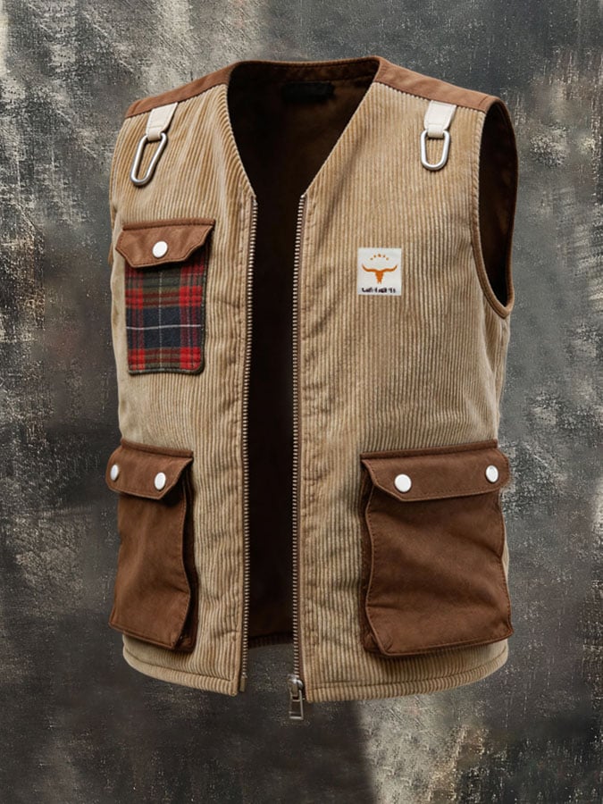 Men's Vintage Color-Block Corduroy Multi-Pocket Patchwork Vest Jacket